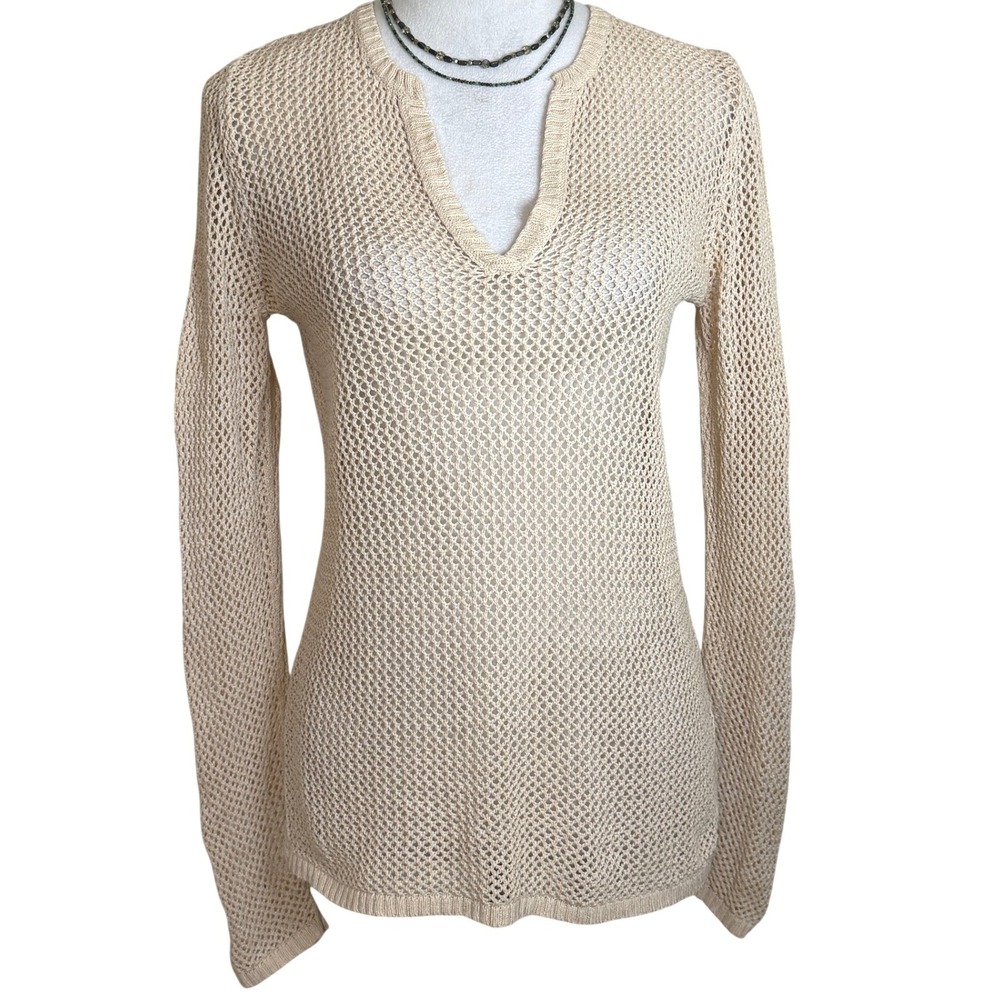 Eddie Bauer Linen Blend Open Knit Tunic Sweater Sheer Beachy Coastal Top S Sheer